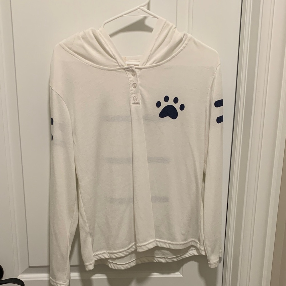 Cute Elegant Girl’s White Hoodie with Blue Paw Print. Size:12/14